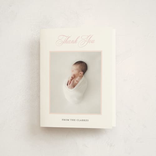 This is a peony baby thank you cards with standard by Vanessa Doyle called monogram laurel printing on strathmore in standard