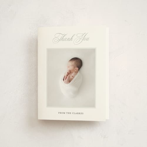 This is a sage baby thank you cards with standard by Vanessa Doyle called monogram laurel printing on strathmore in standard
