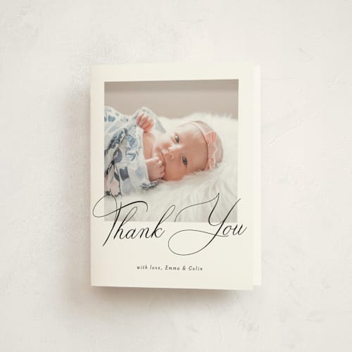 This is a ebony baby thank you cards with standard by Benita Crandall called the script printing on strathmore in standard