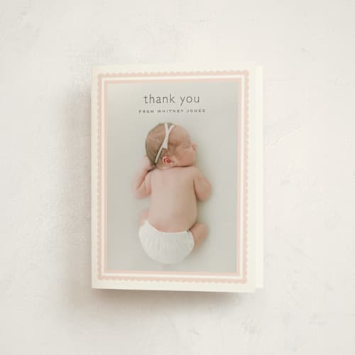 This is a baby blush baby thank you cards with standard by Carolyn MacLaren called scalloped border printing on strathmore in standard