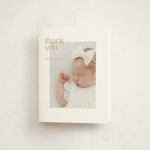 This is a peach baby thank you cards with standard by Ellen Schlegelmilch called eloise printing on strathmore in standard