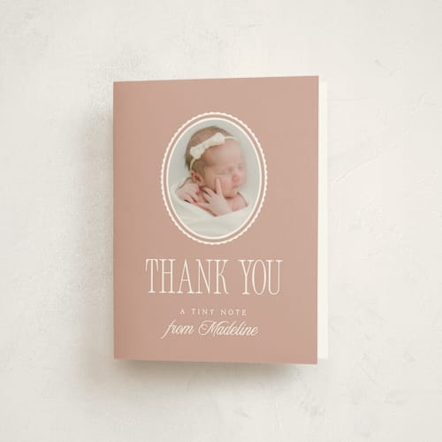 This is a petal baby thank you cards with standard by Robert and Stella called cameo printing on strathmore in standard