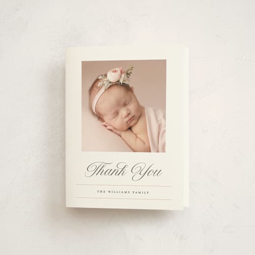 This is a peony baby thank you cards with standard by Pixel and Hank called elegance printing on strathmore in standard