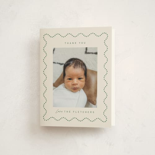This is a moss baby thank you cards with standard by Kelly Watkins called squiggle printing on strathmore in standard