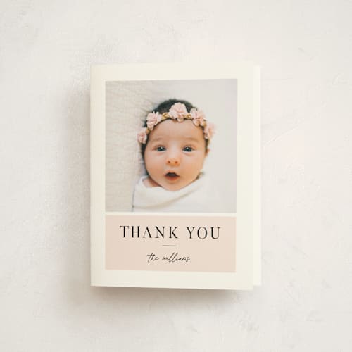 This is a blush baby thank you cards with standard by Robert and Stella called monogram block printing on strathmore in standard