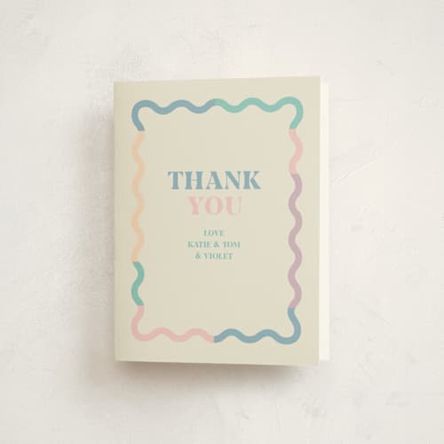 This is a cream baby thank you cards with standard by Baumbirdy called wavy pastel frame printing on strathmore in standard