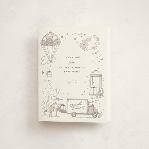 This is a slate baby thank you cards with standard by Morgan Ramberg called special delivery printing on strathmore in standard