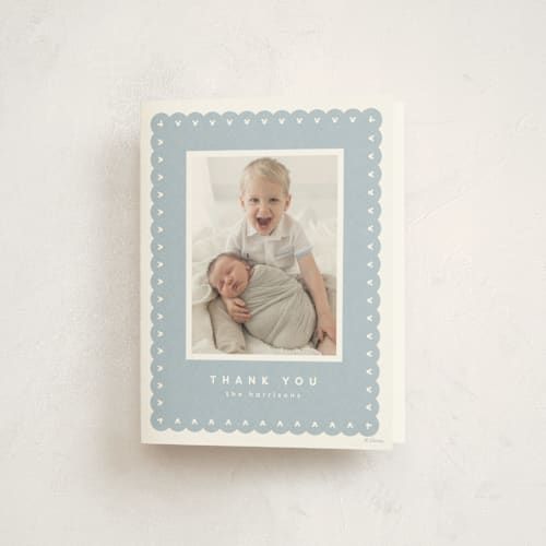 This is a chambray baby thank you cards with standard by Lea Delaveris called mickey fabric frame printing on strathmore in standard