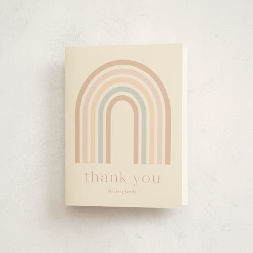 This is a taupe baby thank you cards with standard by Ashley Iwafuchi called mod rainbow arch printing on strathmore in standard
