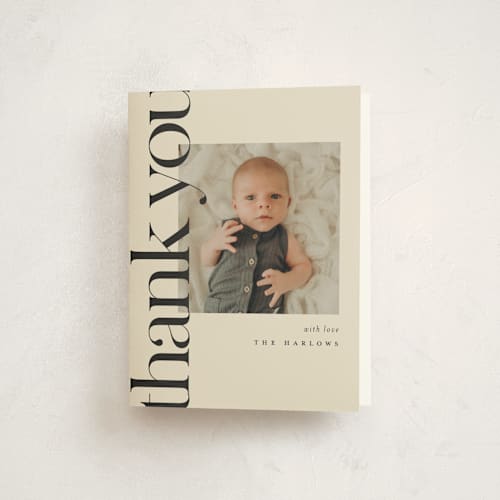 This is a cream baby thank you cards with standard by Ellen Schlegelmilch called editorial printing on strathmore in standard