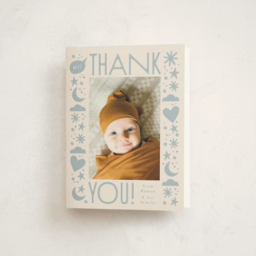 This is a powder blue baby thank you cards with standard by Alethea and Ruth called quirky hello printing on strathmore in standard