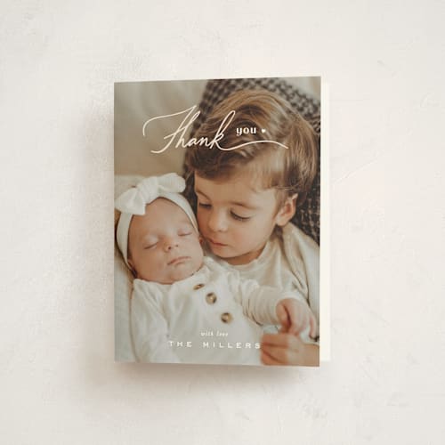 This is a cotton baby thank you cards with standard by Creo Study called sibling intro printing on strathmore in standard