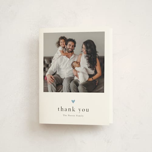 This is a bluebird baby thank you cards with standard by Melanie Kosuge called loveable printing on strathmore in standard