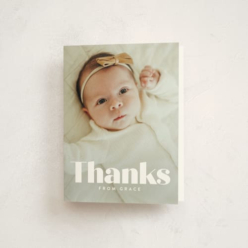 This is a pearl baby thank you cards with standard by Lori Wemple called name printing on strathmore in standard