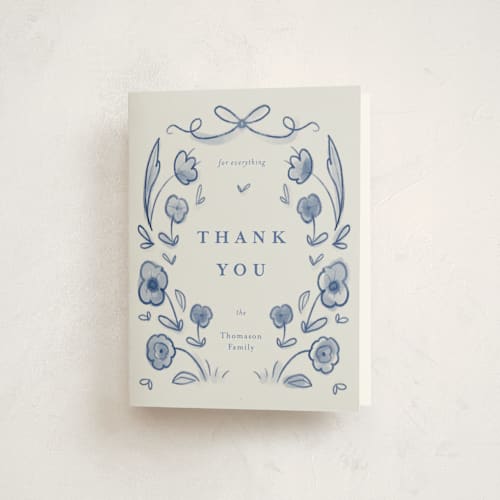 This is a delft blue baby thank you cards with standard by Ani Somi called painted flowers printing on strathmore in standard