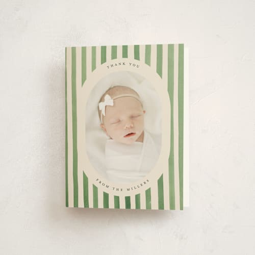This is a candy apple baby thank you cards with standard by Teju Reval called vintage stripes printing on strathmore in standard