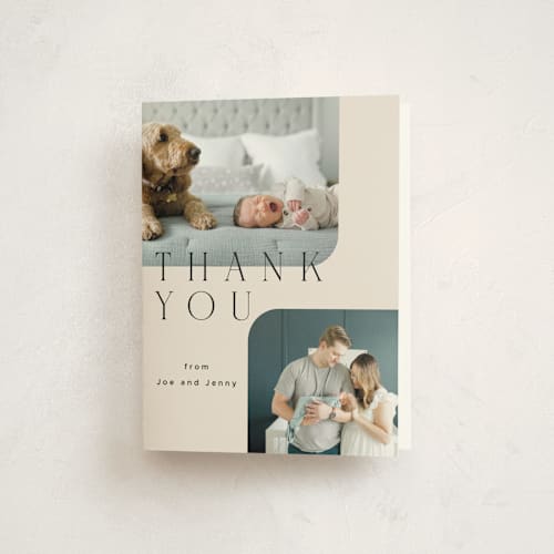 This is a linen baby thank you cards with standard by Kelly Schmidt called happy overlay printing on strathmore in standard