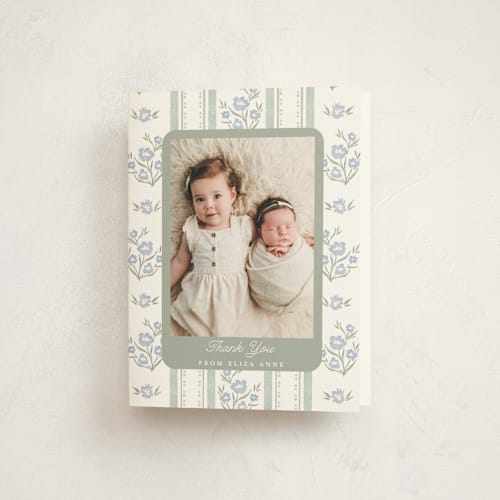 This is a periwinkle baby thank you cards with standard by Jackie Crawford called cottage watercolor ribbon printing on strathmore in standard