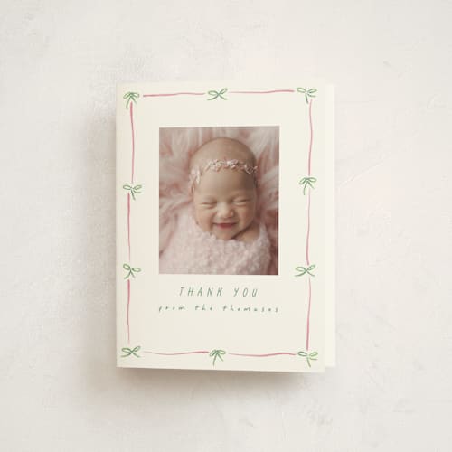 This is a candy baby thank you cards with standard by Susan Zinader called preppy bow border printing on strathmore in standard