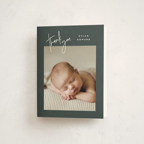 This is a hunter baby thank you cards with standard by JoAnn Jinks called headline printing on strathmore in standard