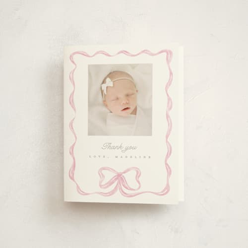 This is a peony baby thank you cards with standard by Creo Study called squiggle bow printing on strathmore in standard