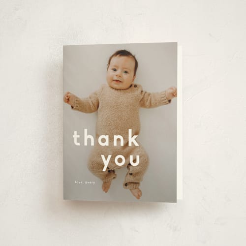 This is a moon baby thank you cards with standard by Robin Ott called modern name printing on strathmore in standard
