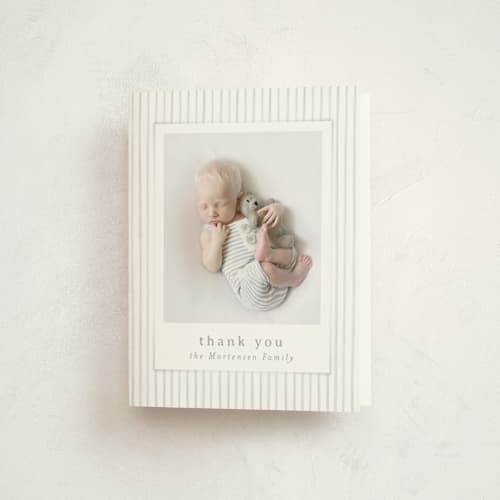 This is a puddle baby thank you cards with standard by Joanna Griffin called vintage stripes printing on strathmore in standard