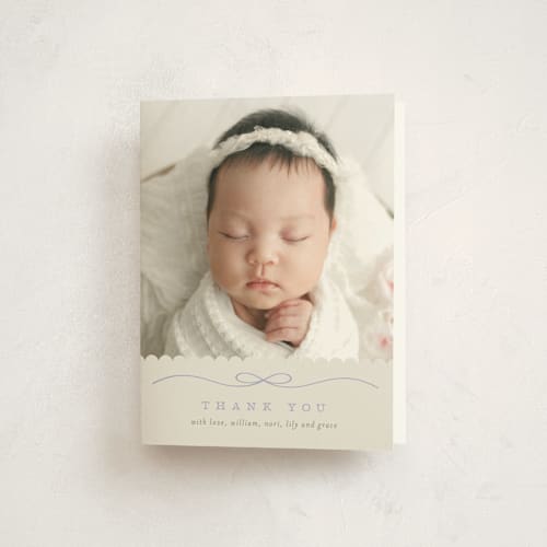 This is a periwinkle baby thank you cards with standard by Laura Hankins called scallops printing on strathmore in standard