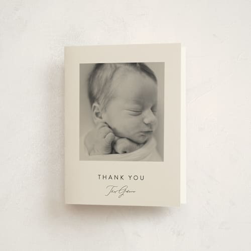 This is a vanilla baby thank you cards with standard by Olivia Raufman called dashing printing on strathmore in standard