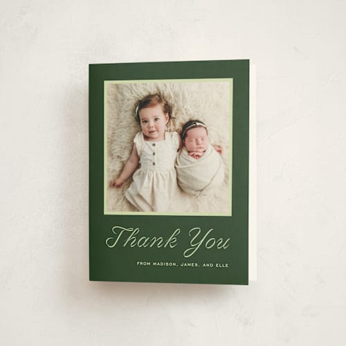 This is a evergreen baby thank you cards with standard by Megan Davis called cotillion printing on strathmore in standard