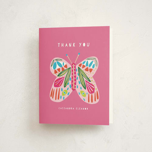 This is a bubblegum baby thank you cards with standard by Lauren Semmer called a butterfly printing on strathmore in standard