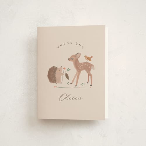 This is a buttercream baby thank you cards with standard by Vera Lim called little friends printing on strathmore in standard