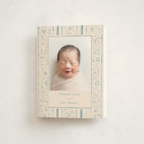 This is a bluebird baby thank you cards with standard by Creo Study called iconic bebe printing on strathmore in standard