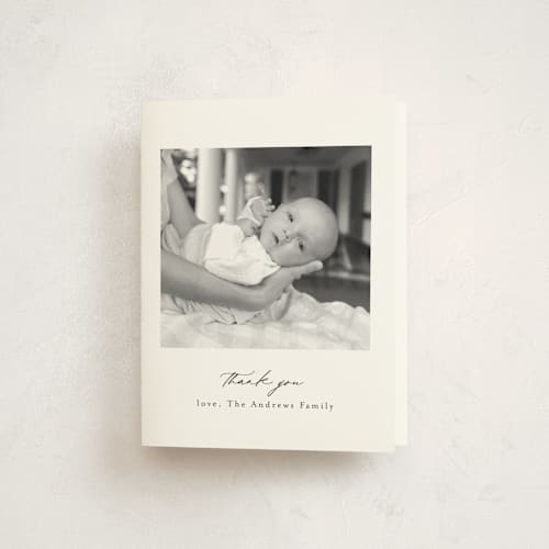 This is a noir baby thank you cards with standard by Emily Betts called three printing on strathmore in standard