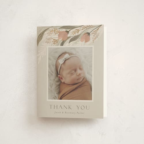 This is a rose baby thank you cards with standard by Joanna Griffin called boho bouquet printing on strathmore in standard