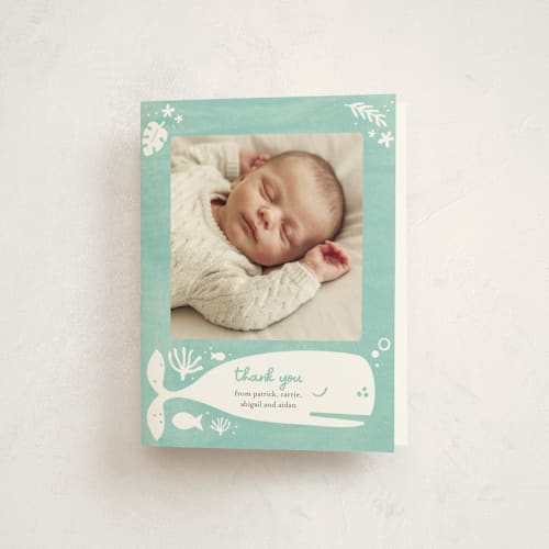 This is a narwhal baby thank you cards with standard by Carrie ONeal called all god's creatures printing on strathmore in standard
