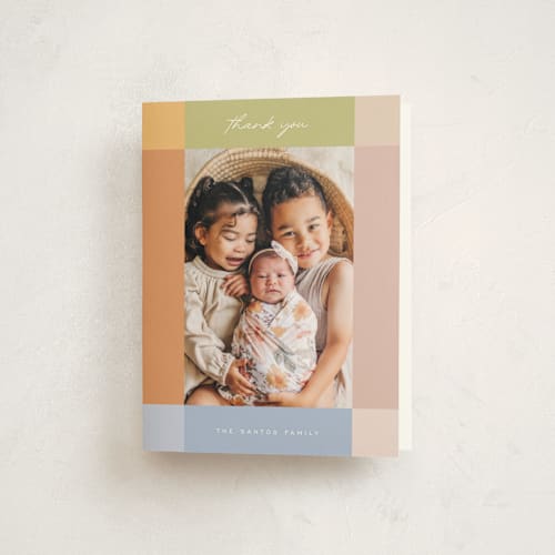 This is a natural rainbow baby thank you cards with standard by Sierra Lee called soft strips printing on strathmore in standard
