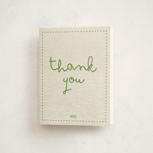 This is a mint baby thank you cards with standard by Ashley Langlais called stitched together printing on strathmore in standard