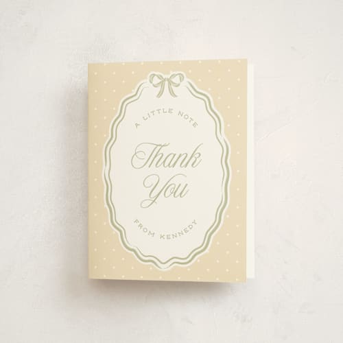 This is a sage baby thank you cards with standard by Robert and Stella called bow frame printing on strathmore in standard