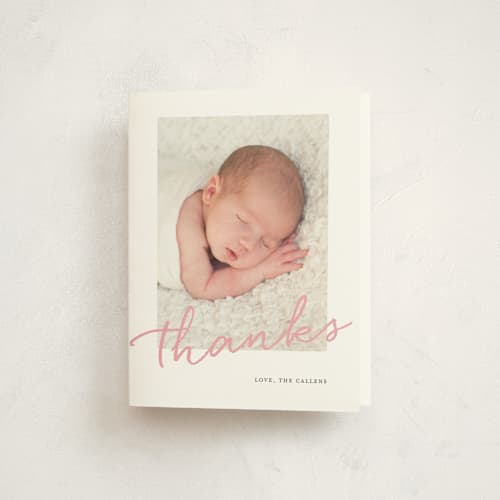 This is a peony baby thank you cards with standard by Sara Hicks Malone called joyful memories printing on strathmore in standard