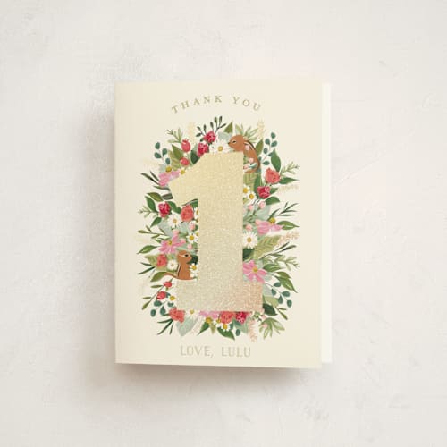 This is a ivory thank you cards with foil pressed by Susan Moyal called she's a wild one printing on strathmore in standard