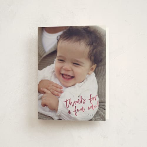This is a bubblegum thank you cards with foil pressed by Christie Garcia called birthday shots printing on strathmore in standard