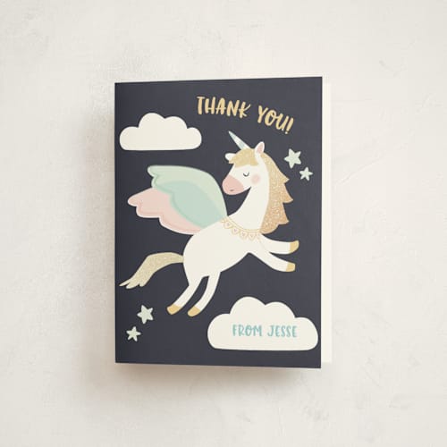 This is a azure thank you cards with foil pressed by peetie design called magical pegasus printing on strathmore in standard