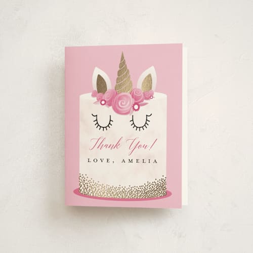 This is a candy thank you cards with foil pressed by Katie Zimpel called unicorn cake printing on strathmore in standard