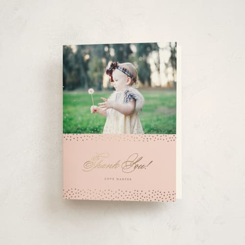 This is a blush thank you cards with foil pressed by Brandy Folse called elegant first birthday printing on strathmore in standard