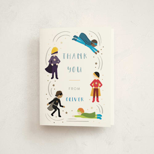 This is a cloud thank you cards with foil pressed by JeAnna Casper called superhero party printing on strathmore in standard