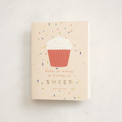 This is a cream thank you cards with foil pressed by Shiny Penny Studio called i spy cake! printing on strathmore in standard