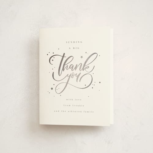 This is a snow thank you cards with foil pressed by Anastasia Makarova called birthday swirls printing on strathmore in standard