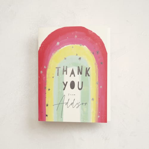 This is a fruit punch thank you cards with foil pressed by Rebecca Durflinger called sparkling rainbow printing on strathmore in standard
