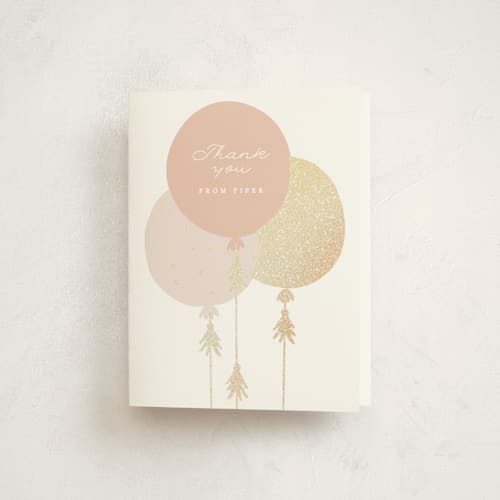 This is a blush thank you cards with foil pressed by Angela Thompson called glitter balloons printing on strathmore in standard